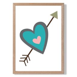 ARTZE Tribal Blue Heart & Arrow Framed Print SIZE: A4 with Oak Frame in Bright Blue