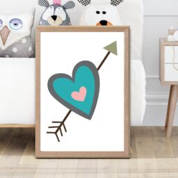 ARTZE Tribal Blue Heart & Arrow Framed Print SIZE: A4 with Oak Frame in Bright Blue - thumbnail 2