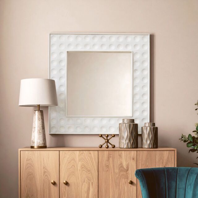 Orsina White Square Wall Mirror, Weathered Mango Wood Frame with Dimpled Texture, Accent Mirror - image 1
