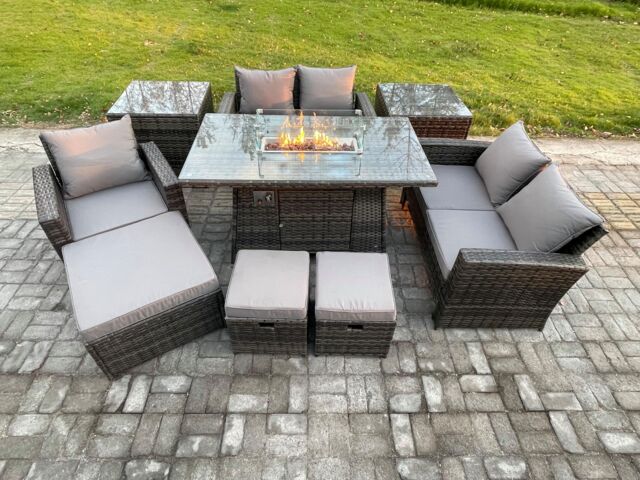 Fimous 8 Seater Rattan Outdoor Garden Furniture Gas Fire Pit Table Sets Gas Heater with Love Sofa Armchair 3 Footstools 2 Side Tables in Dark Grey