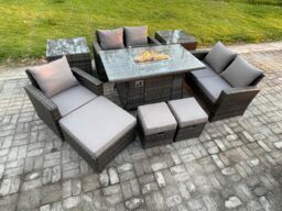 Fimous 8 Seater Rattan Outdoor Garden Furniture Gas Fire Pit Table Sets Gas Heater with Love Sofa Armchair 3 Footstools 2 Side Tables in Dark Grey - thumbnail 2