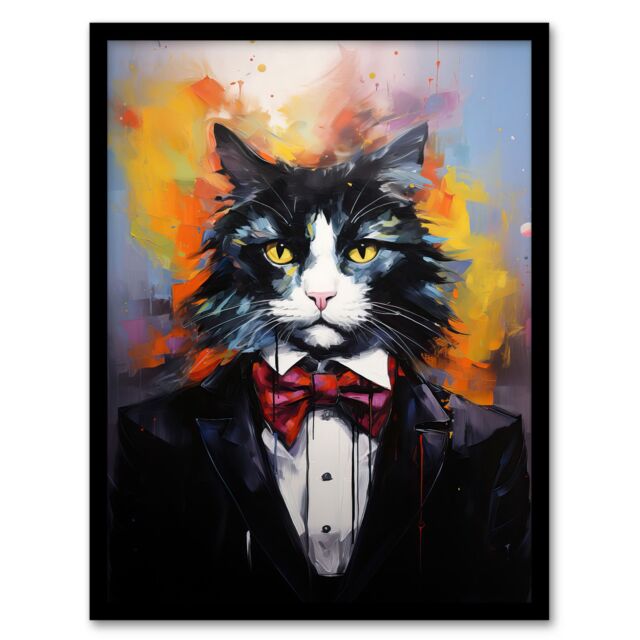 "Artery8 Wall Art Print Tuxedo Cat Lover Gift Black White Pet Portrait Artwork Painting Art Framed - Size: W12"" x H16""" - image 1