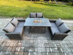Fimous Outdoor Garden Dining Sets 6 Seater Rattan Patio Furniture Sofa Set with Gas Firepit Table in Dark Grey - thumbnail 2