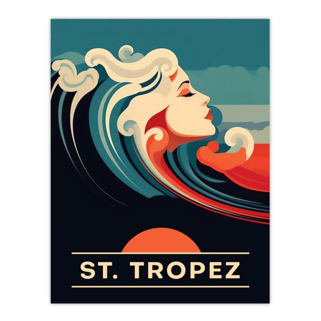 "Artery8 Wall Art Print The Seaside Calls St Tropez Beach France Sunset Woman of the Waves Sea Siren Ocean Poster in Blue - Size: W18"" x H24""" - image 1