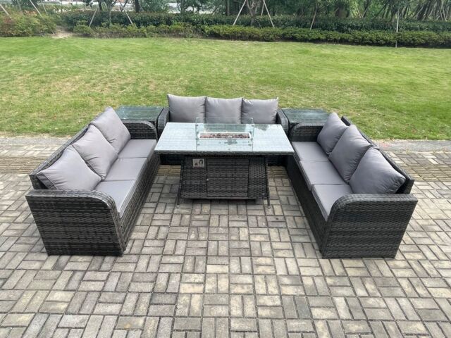 Fimous Rattan Furniture Garden Dining Set Gas Fire Pit Table With 2 Side Tables Lounge Sofa Dark Grey Mixed - image 1