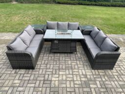Fimous Rattan Furniture Garden Dining Set Gas Fire Pit Table With 2 Side Tables Lounge Sofa Dark Grey Mixed - thumbnail 3