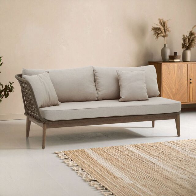 Orsina Rattan Chaise Lounge, Wooden Airy Chaise Lounge for Living Room, Bedroom, Lounger with Grey Cushioning in Cream - image 1