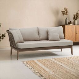 Orsina Rattan Chaise Lounge, Wooden Airy Chaise Lounge for Living Room, Bedroom, Lounger with Grey Cushioning in Cream