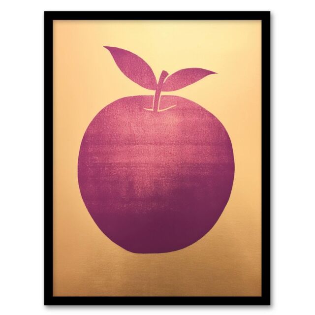 "Wee Blue Coo Wall Art Print Plum Apple On Gold Simple Colour Block Minimalist Kitchen Painting Art Framed - Size: W12"" x H16""" - image 1