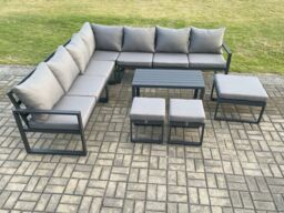 Fimous Aluminium Outdoor Garden Furniture Set Lounge Corner Sofa Oblong Coffee Table Sets with 3 Footstools Dark Grey - thumbnail 1
