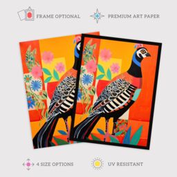 "Wee Blue Coo Wall Art Print Party Pheasant Oil Painting Orange Blue Green Folk Art Vibrant Art Framed - Size: W12"" x H16""" - thumbnail 2