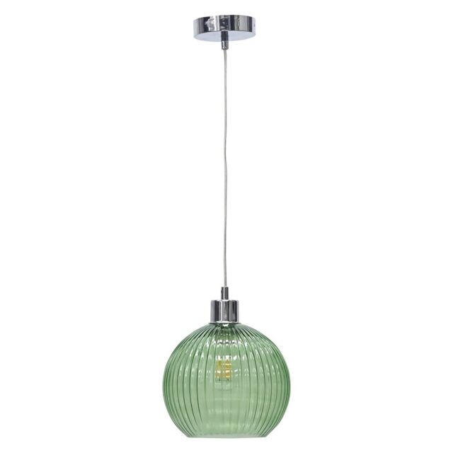 First Choice Lighting Betchley - Green Ribbed Glass Globe with Chrome Pendant Fitting - image 1