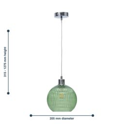 First Choice Lighting Betchley - Green Ribbed Glass Globe with Chrome Pendant Fitting - thumbnail 8