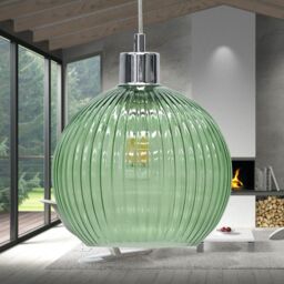 First Choice Lighting Betchley - Green Ribbed Glass Globe with Chrome Pendant Fitting - thumbnail 4