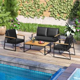 Costway 4PCS Garden Furniture Set Metal Frame Patio Conversation Set in Black - thumbnail 6