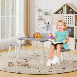 Costway Kids Table & 2 Chairs Set Wooden Children's Activity Table Set in Grey - thumbnail 1