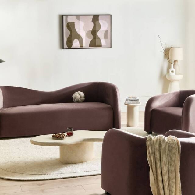 Wyld and Coco Curved Velvet Sofa and Armchairs Set Dark Brown L205 x D90 x H75cm - image 1