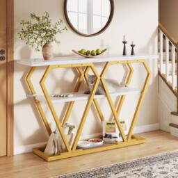 Rolipo 120cm White Marble Effect Console Table with Gold Legs - thumbnail 1