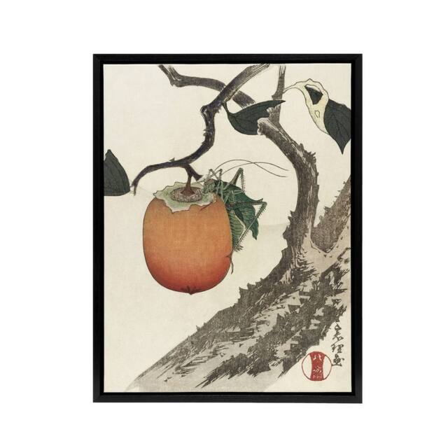 "Artery8 Persimmon Fruit With Grasshopper Framed Canvas Wall Art Print Hokusai in Orange - Size: W24"" x H32""" - image 1