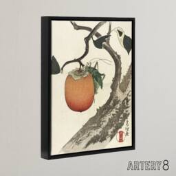 "Artery8 Persimmon Fruit With Grasshopper Framed Canvas Wall Art Print Hokusai in Orange - Size: W24"" x H32""" - thumbnail 2
