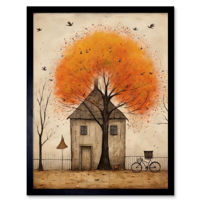 "Artery8 Wall Art Print Country House Autumn Tree Oil Painting Orange Brown Bicycle on Fence Rural Life Art Framed in Black - Size: W12"" x H16""" - image 1
