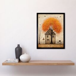 "Artery8 Wall Art Print Country House Autumn Tree Oil Painting Orange Brown Bicycle on Fence Rural Life Art Framed in Black - Size: W12"" x H16""" - thumbnail 2