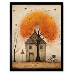 "Artery8 Wall Art Print Country House Autumn Tree Oil Painting Orange Brown Bicycle on Fence Rural Life Art Framed in Black - Size: W12"" x H16""" - thumbnail 1