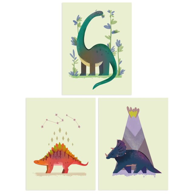 Artery8 Wall Art Print Pack of 3 A4 Kids Bedroom Cute Dinosaurs Stegosaurus Apatosaurus Triceratops Pastel Colour Boy Girl Living Room s Set - image 1
