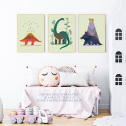 Artery8 Wall Art Print Pack of 3 A4 Kids Bedroom Cute Dinosaurs Stegosaurus Apatosaurus Triceratops Pastel Colour Boy Girl Living Room s Set - thumbnail 2
