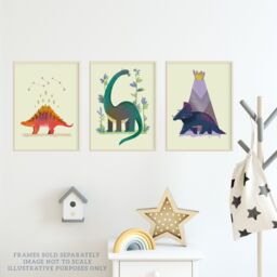 Artery8 Wall Art Print Pack of 3 A4 Kids Bedroom Cute Dinosaurs Stegosaurus Apatosaurus Triceratops Pastel Colour Boy Girl Living Room s Set - thumbnail 3