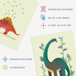 Artery8 Wall Art Print Pack of 3 A4 Kids Bedroom Cute Dinosaurs Stegosaurus Apatosaurus Triceratops Pastel Colour Boy Girl Living Room s Set - thumbnail 4