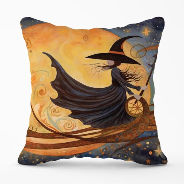 Warren Reed - Designer Imaginative Painting Of A Whimsical Witch On A Broomstick Outdoor Cushion in Orange - Size: 45 cm x 45 cm - image 1