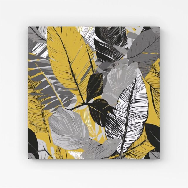 "Warren Reed - Designer Grey Yellow Floral Leaves Canvas - Size: W16"" x H16""" - image 1