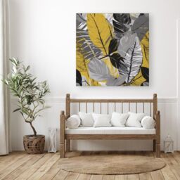 "Warren Reed - Designer Grey Yellow Floral Leaves Canvas - Size: W16"" x H16""" - thumbnail 3
