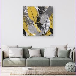 "Warren Reed - Designer Grey Yellow Floral Leaves Canvas - Size: W16"" x H16""" - thumbnail 4