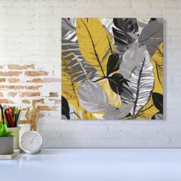 "Warren Reed - Designer Grey Yellow Floral Leaves Canvas - Size: W16"" x H16""" - thumbnail 2