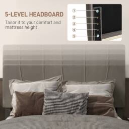 HOMCOM Bed Frame with 5-Level Adjustable Headboard Wooden Slats in Grey - Size: Double - thumbnail 4