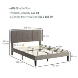 HOMCOM Bed Frame with 5-Level Adjustable Headboard Wooden Slats in Grey - Size: Double - thumbnail 3