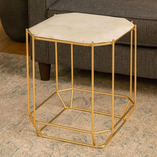 Orsina Marble Top White Side Table, Open Design Frame Bedside Table, Square End Table for Living Room, Lounge - image 1