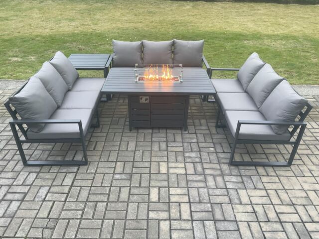 Fimous Aluminium 9 Seater Garden Furniture Outdoor Set Patio Lounge Sofa Gas Fire Pit Dining Table Set with Side Table Dark Grey - image 1