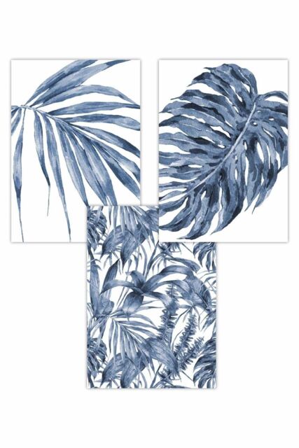 ARTZE Set of 3 Tropical Plants & Pattern Navy Blue Abstract Art Posters - Size: W50 cm x H70 cm - image 1