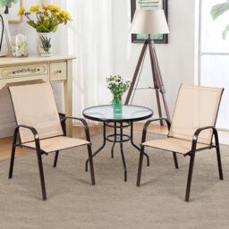 Costway Set of 2 Patio Chairs Portable High Back Garden Camping Dining Chairs with Armrest in Brown - thumbnail 3