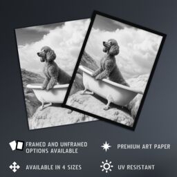 Artery8 Surreal Dog Lover Black White Poodle in Bathtub Framed Art Print in Grey - Size: A4 - thumbnail 2