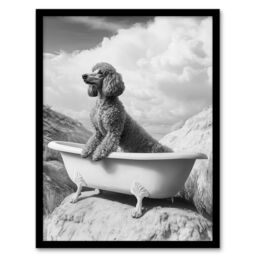 Artery8 Surreal Dog Lover Black White Poodle in Bathtub Framed Art Print in Grey - Size: A4 - thumbnail 1