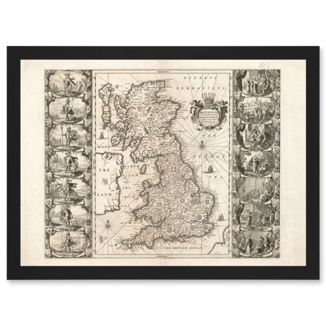 Artery8 Jansson 17th Century Anglo Saxon Map Britain Brittania Artwork Framed Wall Art Print A4 in Black - image 1