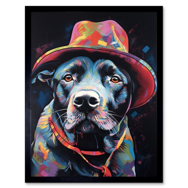 "Artery8 Wall Art Print Pit Bull Terrier Dog Red Cowboy Hat Portrait Art Framed in Black - Size: W12"" x H16""" - image 1