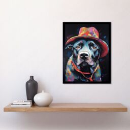 "Artery8 Wall Art Print Pit Bull Terrier Dog Red Cowboy Hat Portrait Art Framed in Black - Size: W12"" x H16""" - thumbnail 2