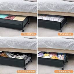 VOGREX Portable Underbed Storage Box with Lid Wheels Under Bed Sofa Dustproof in Black - thumbnail 3