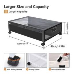 VOGREX Portable Underbed Storage Box with Lid Wheels Under Bed Sofa Dustproof in Black - thumbnail 2