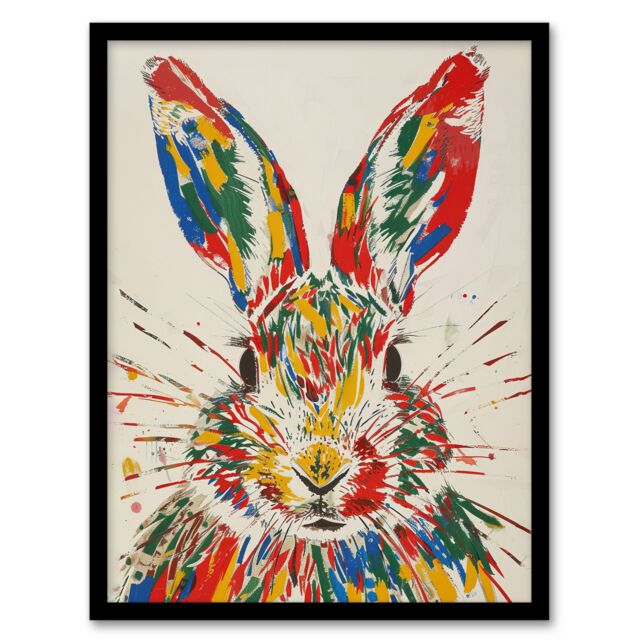 Artery8 Colourful Rabbit Portrait Bright Fun Cute Spring Framed Art Print - Size: A4 - image 1